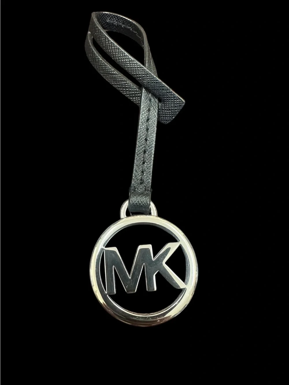 Michael Kors Black Leather Strap MK Logo Charm with Silver Ring